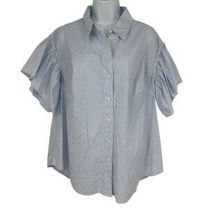 Lane Bryant Blue Pinstripe Button-Up Shirt W/ Ruffle Sleeves & Collar Size 16